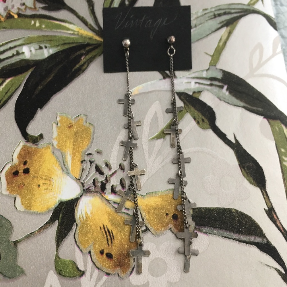 Vintage Silver Tone Dangle Cross Earrings